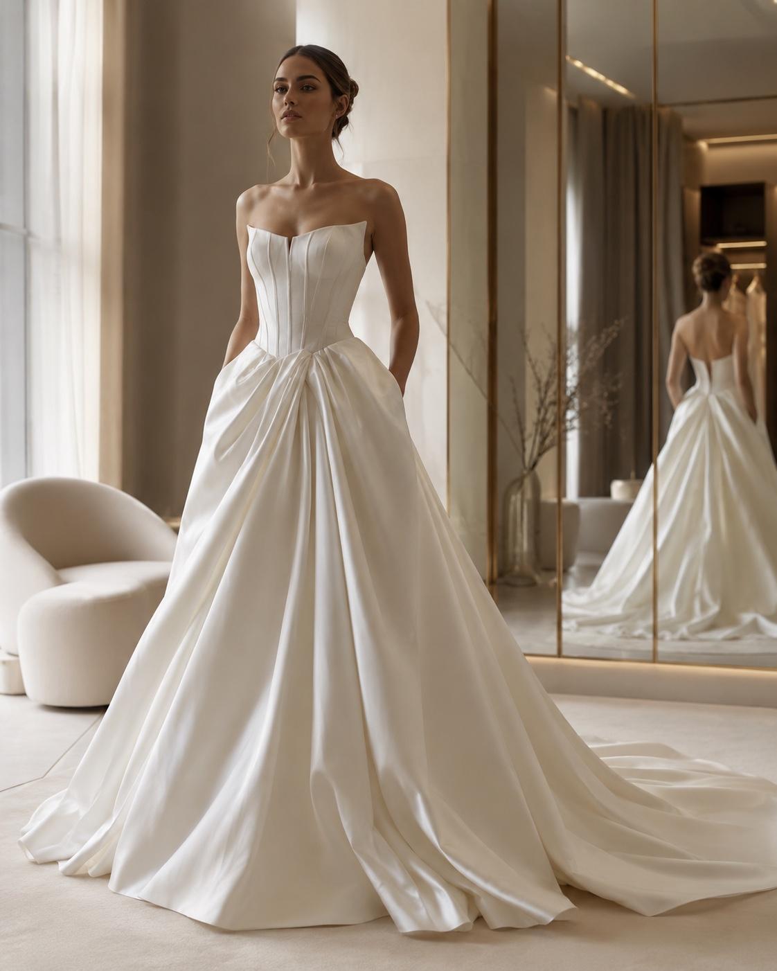 Невеста в couture-свадебном платье 9 ATELIER: атласный корсет и пышная юбка